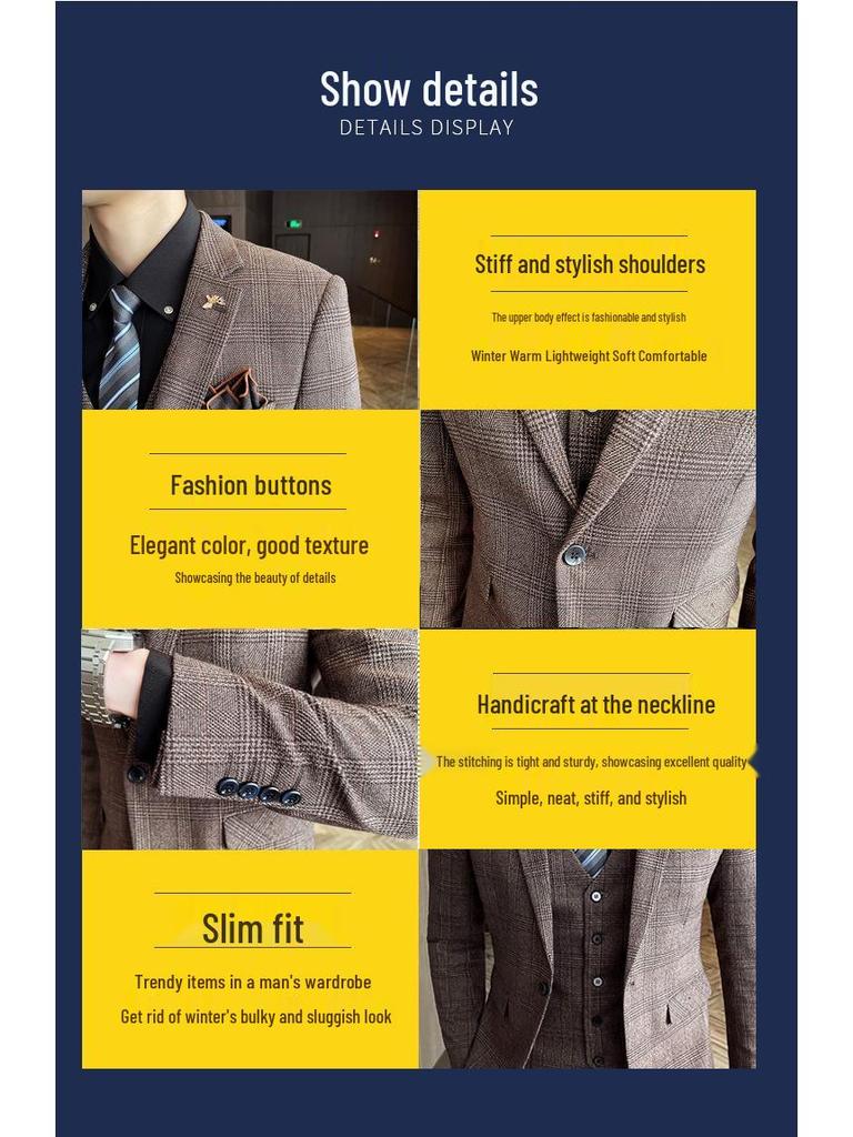 Men's Korean Style Slim Fit Three-Piece Spring Casual Suit