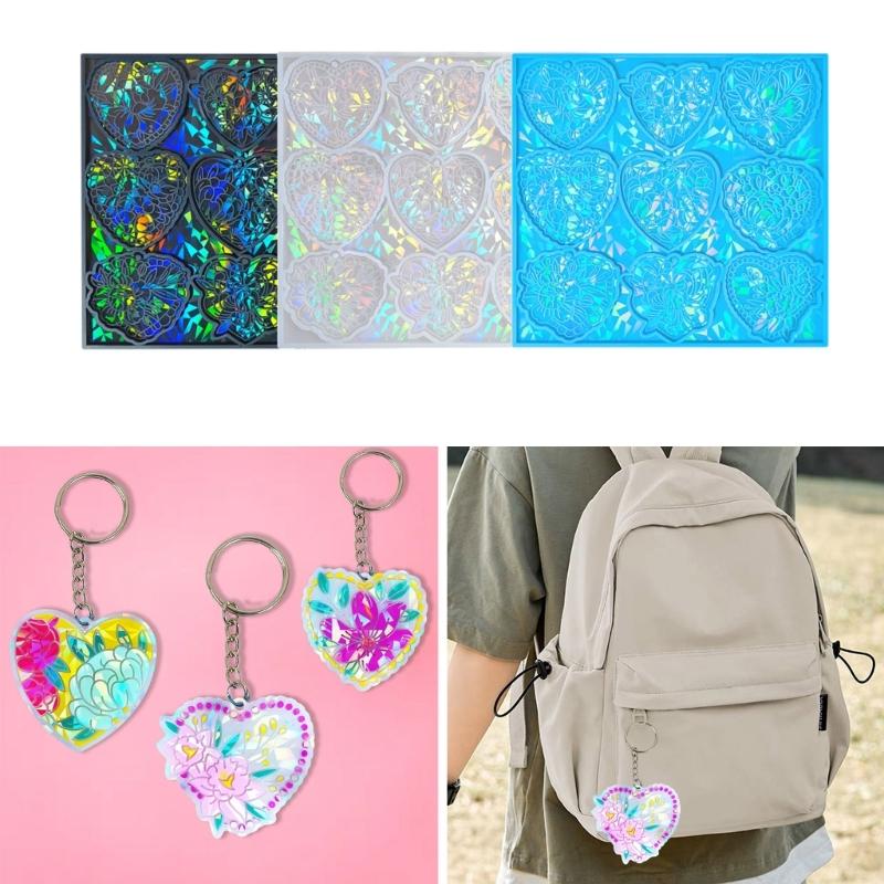 Holographic Heart Mold Silicone Jewelry Pendant Resin Mold Sparkling Flower Epoxy Mold Earring Charm Mold DIY Craft