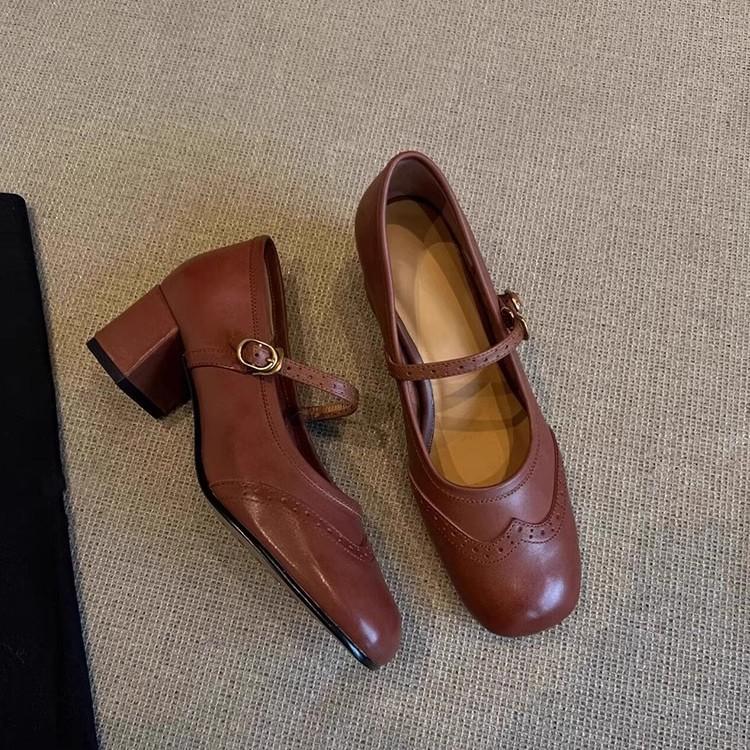 French retro red high heels women's 2025 spring new one-word with engraved thick heel light mouth ballet shoes