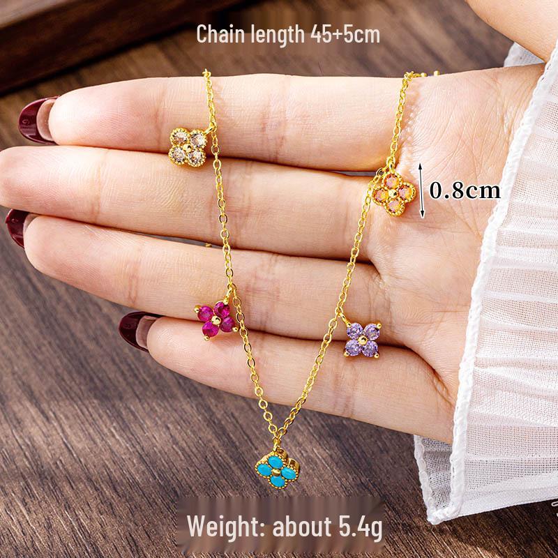 Vietnam Gold Minimalist Four-Leaf Clover Necklace & Zircon-Inlaid Flower Bracelet Set