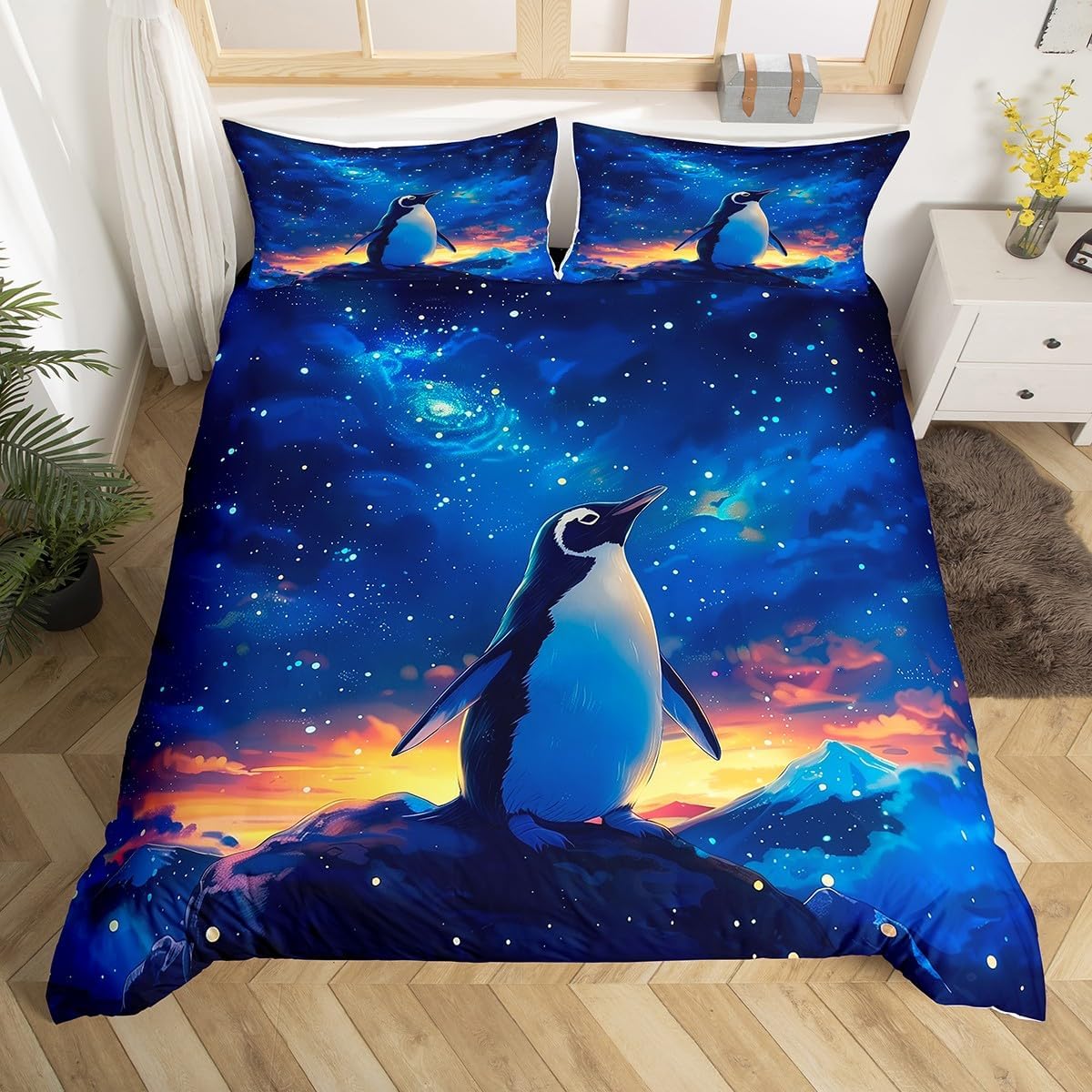 

Comforter Cartoon Penguin Family Full Queenwatercolor Aurora Neon Bedding Setcute Wildlife Mountain Print Comforter Comforter (quilt)-EU Single(135*200cm)3pcs