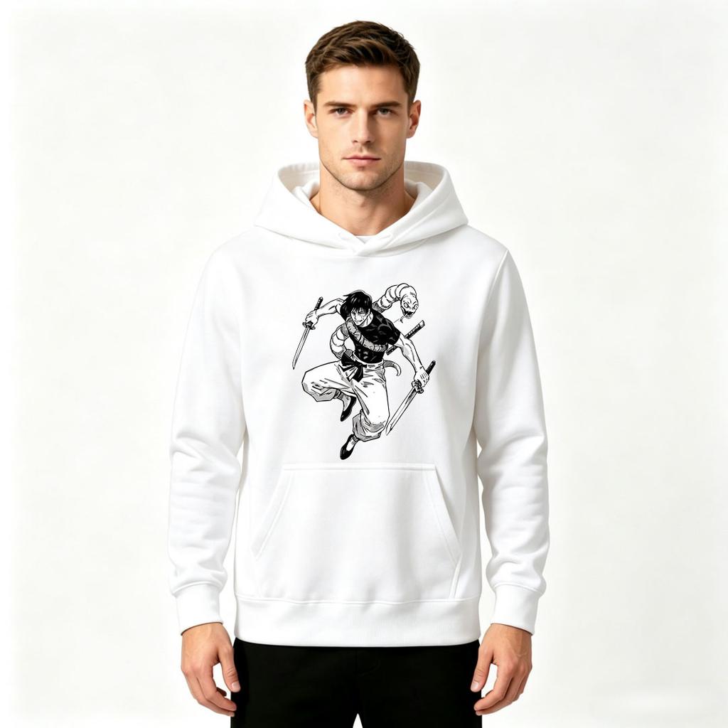 Men's Printed Pullover Hoodie, Anime Snake Samurai Pattern Casual Long Sleeve Hooded Sweatshirt