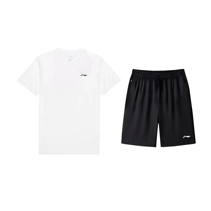 Li-Ning Plain Round Neck Pullover Short Sleeve T-Shirt Logo Simple Lightweight Comfortable Breathable Shorts Casual Sports Suit YTST081-2+AKSV843-1