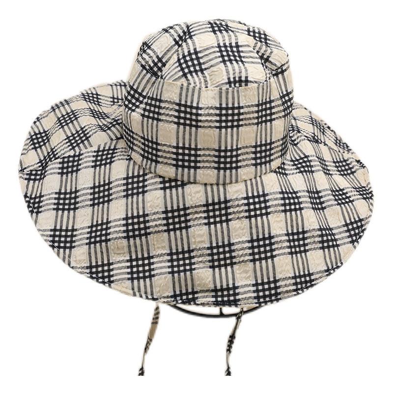 2024 Fashionable Black Gray Plaid Sun Hat With Wide Brim For Effective Uv Shielding