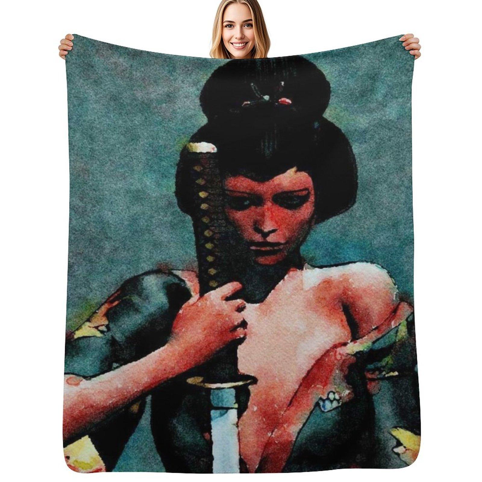 Red Geisha with Sword Throw Blanket Spring Fall Cozy Throw Blanket for Couch Size: 75*100cm, Weight: 230 GSM