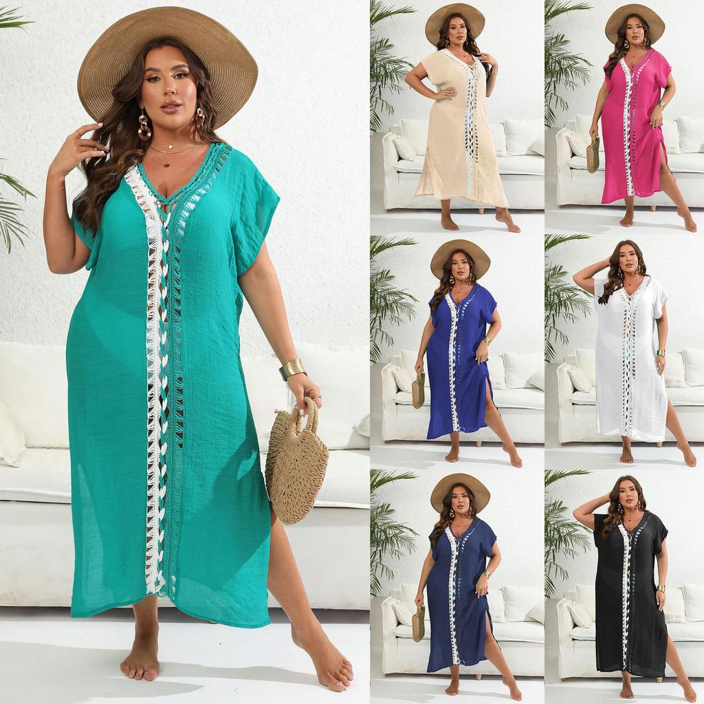 Plus Size Hand-Crocheted Color Block Deep V Slit Beach Cover-Up Dress