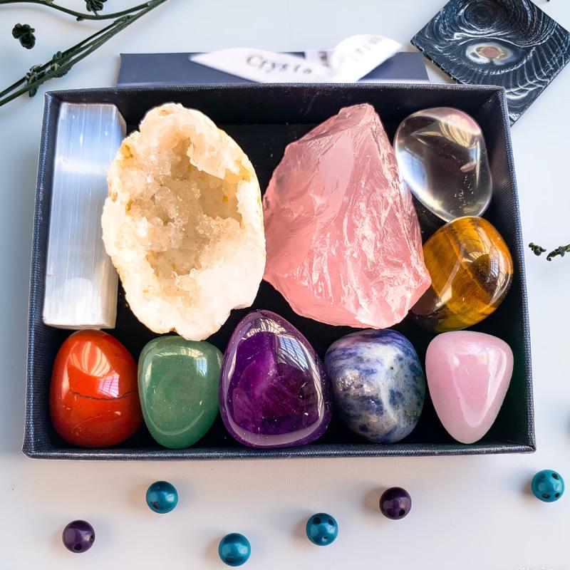 European and American natural seven color crystal box, amethyst block, agate crystal cave 7-color rolling stone, meditation stone (as the picture,boxed)