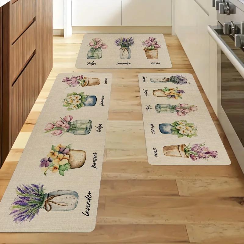 Aquarellblume Küchenbodenmatte Tulpendesign Ultraweich Waschbar Rutschfest Fleckenbeständig Matte für Küche Schlafzimmer Heimdekoration