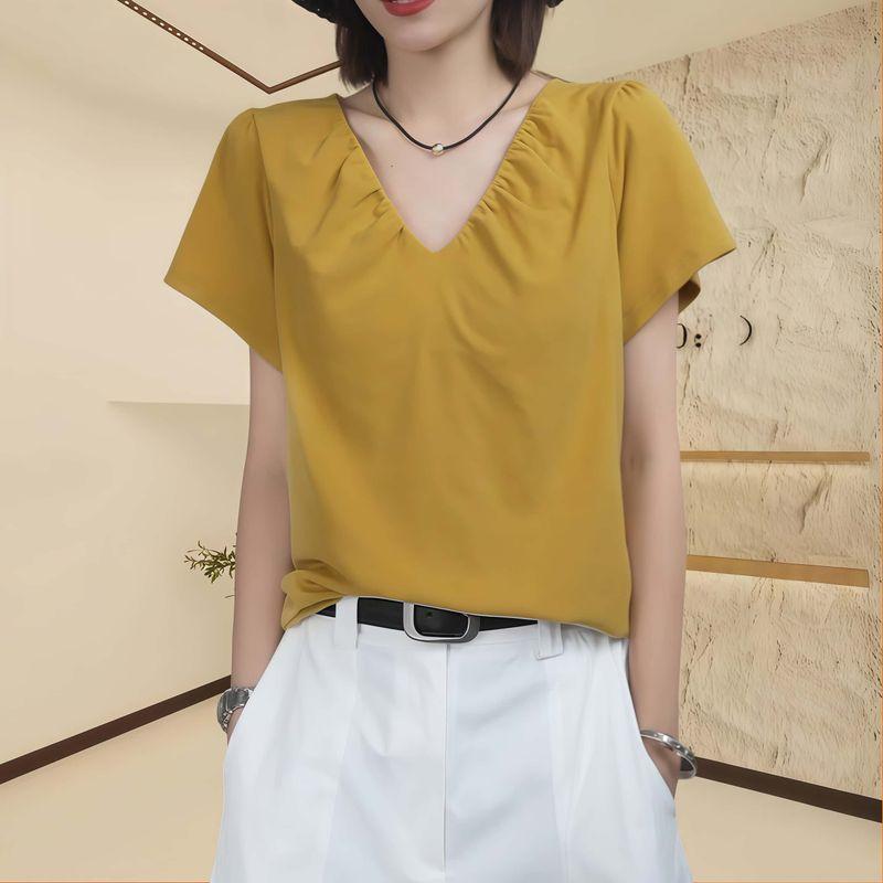 

Pure Color Elegant V-neck Short Sleeve Mom T-shirt 2025 Summer New Arrival Fashion Pinch Pleated Flab Hiding Design Western Style Top Yellow L