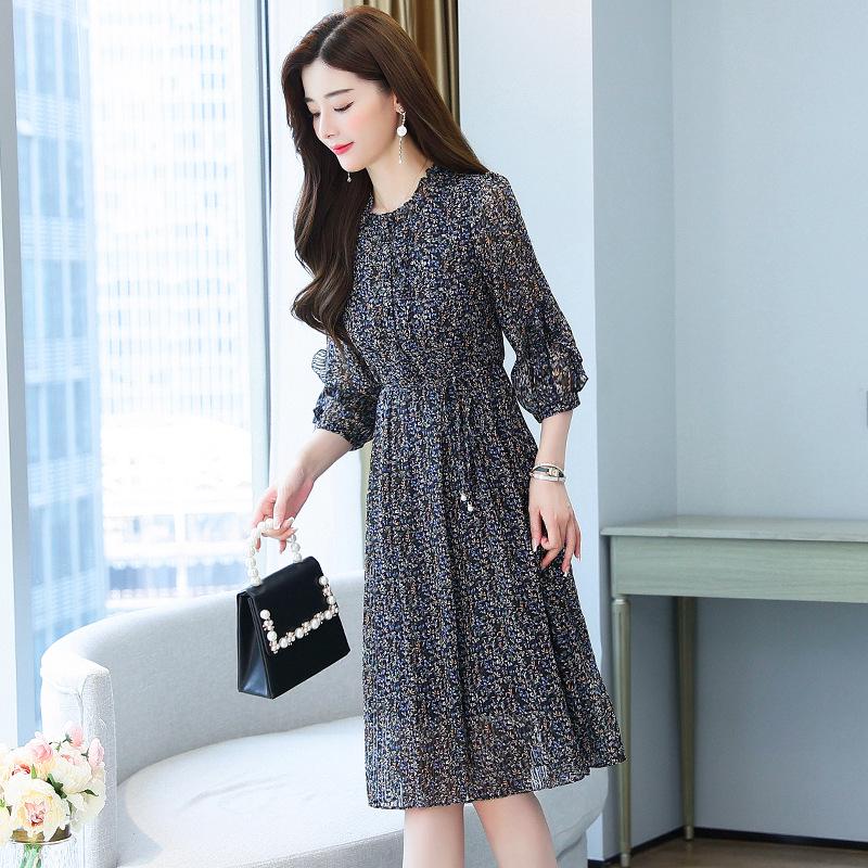 New Autumn Slim Floral Chiffon Dress for Women - Fashionable & Elegant Mid-Length Style