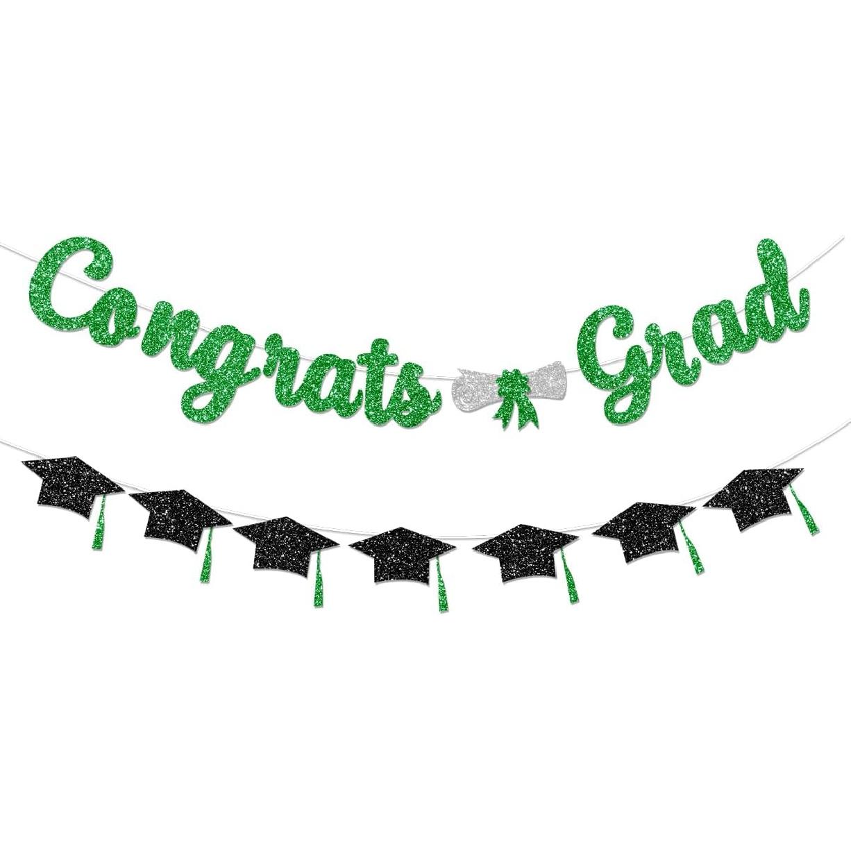 Glitter Green Congrats Grad Decorations Banner Pre-Strung Graduation Decorations Class of 2026 Banner Green and Black Congrats Grad with Tassel Decor
