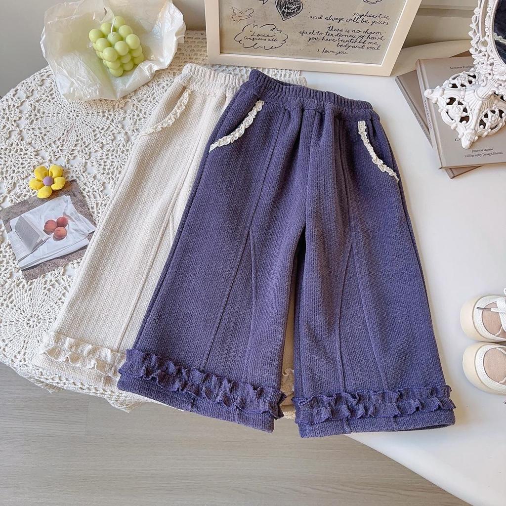 Girls' Korean Style Winter Wide-Leg Lace Pants - Thick & Stylish BWB039