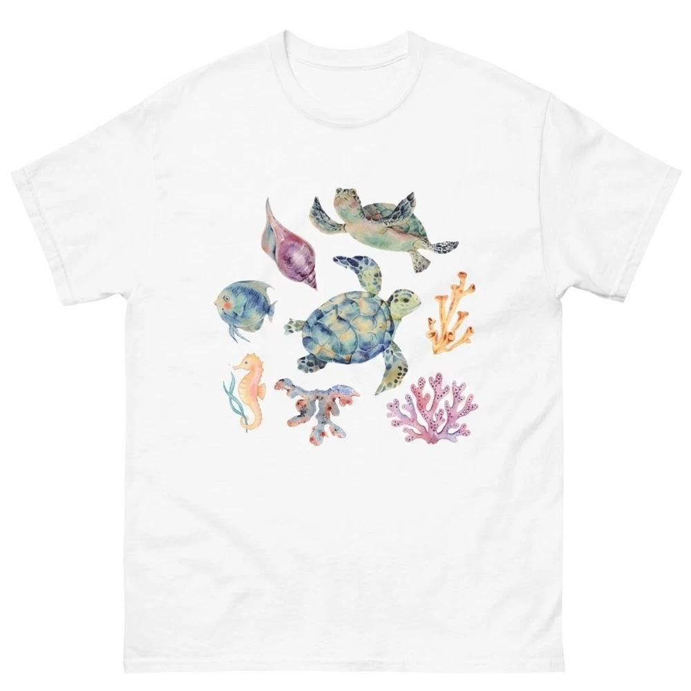 Watercolor Turtle Ocean Life Marine Animals White TShirt S
