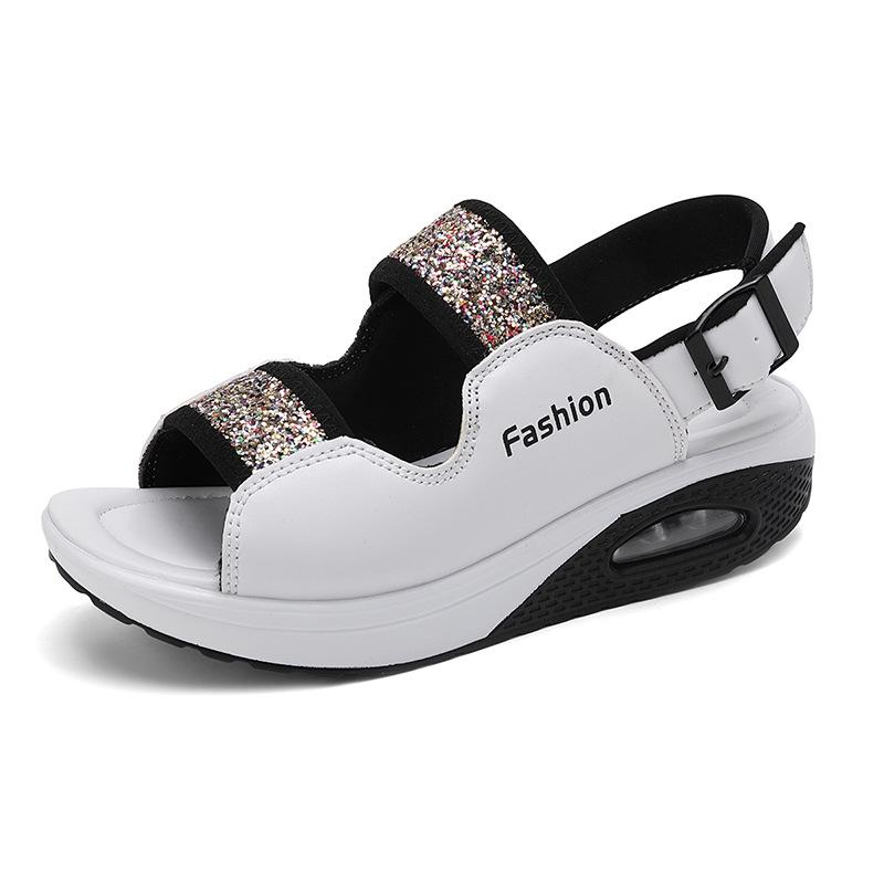Large size soft leather thick-soled muffin sports sandals women wear new wedge heel heightening beach shoes