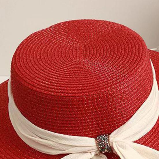 Straw Hat Lightweight Breathable Flat Top Wide Brim Sun Protection Hat Metal Buckle Ribbon Decorated Hat Summer Beach Hat