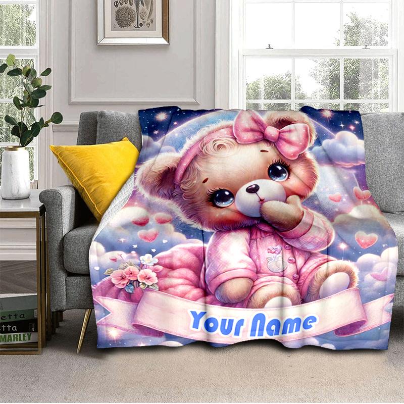 1PC Custom Name Pink Teddy Bear Dreams Flannel blankets Patterns Throw Blanket All-Season Soft Gift for Couch, Bed, Camping gifts