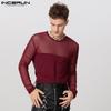 INCERUN Men Long Sleeve Patchwork Mesh Sheer See Through Tops T-shirts Undershirts