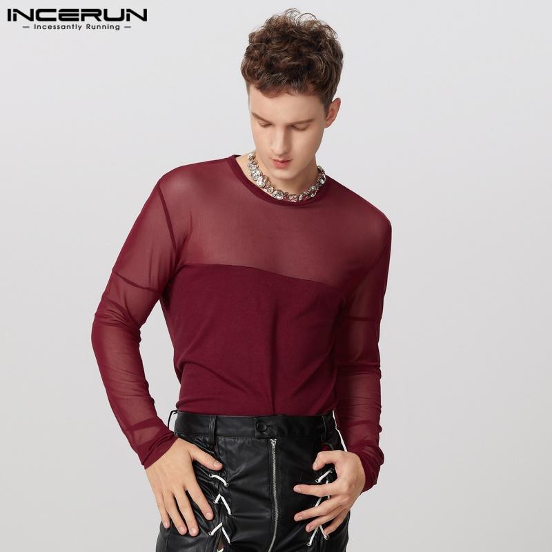 INCERUN Men Long Sleeve Patchwork Mesh Sheer See Through Tops T-shirts Undershirts