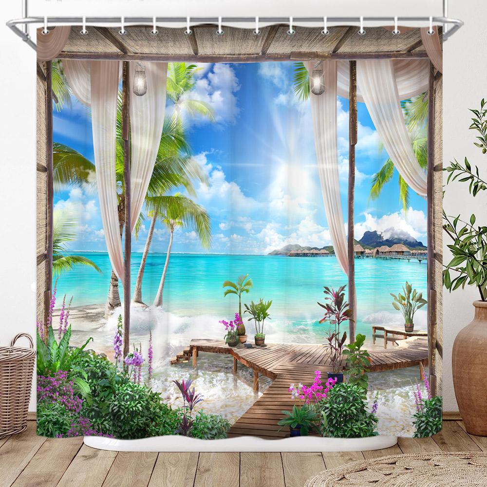 Window Outside Forest Bridge Spring Landscape Creativity Shower Curtain Zen Stone Tree Building Scenery Cloth Curtains With Hook