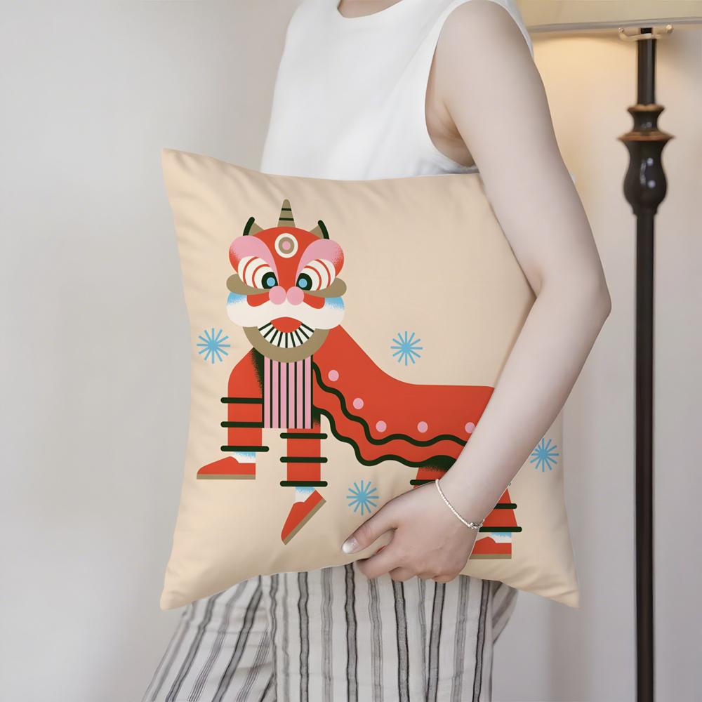 Oriental Festive Lion Print Cushion Cover Silky Elegant Comfort Sofa Bed Invisible Zipper Beach Pillowcase