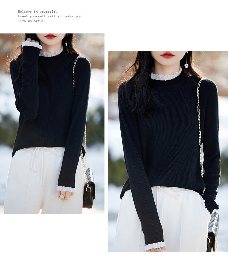 Women's Black Ruffle Lace Knit Sweater - Semi-High Neck Top for Spring/Autumn 2025