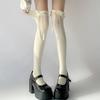 Women JK Girl Sweet Thigh High Stockings Lolita Nylon OverKnee Cute Bowknot Hosiery White Thin Sheer Ruffle Edge Lace Long Socks
