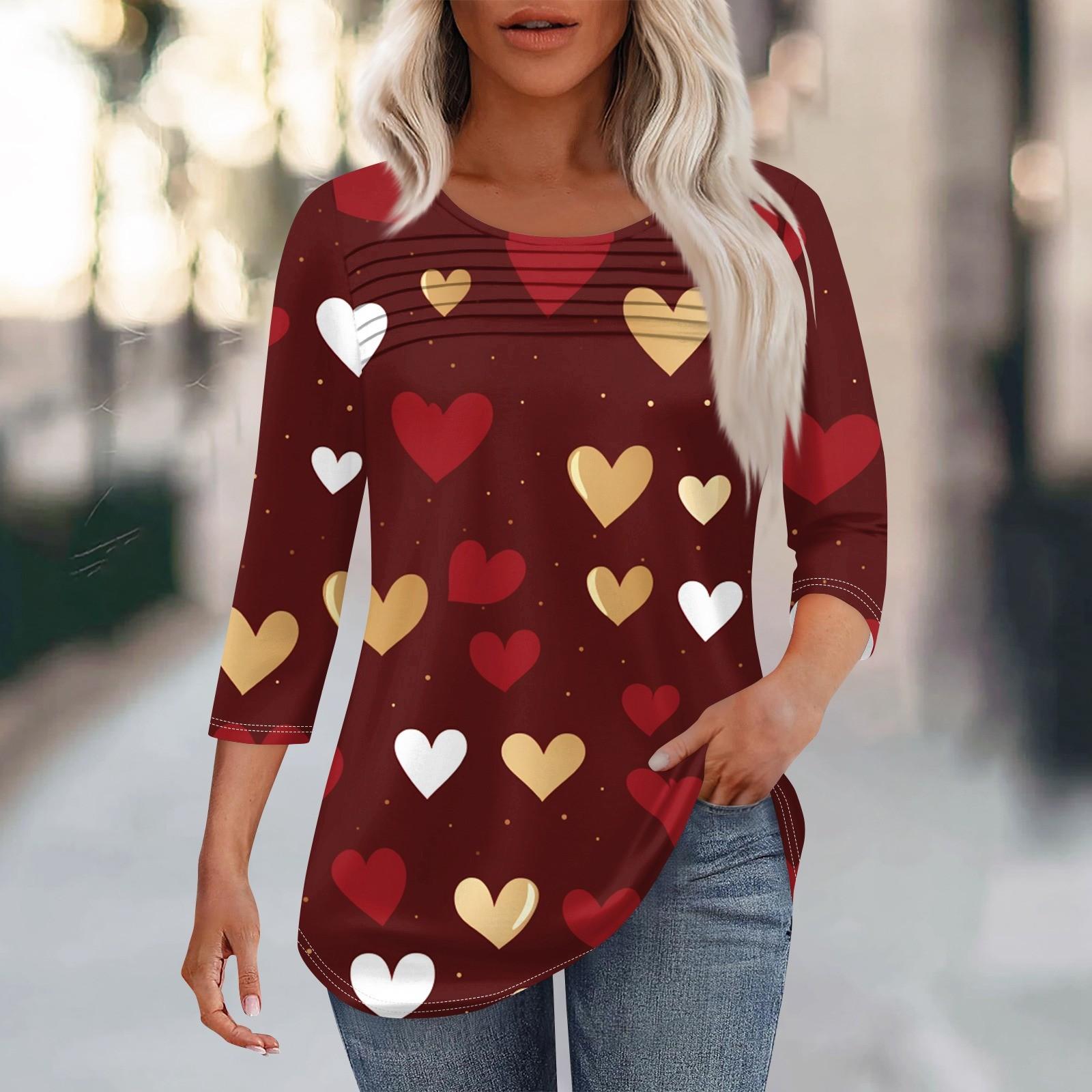 

Женская мода круглый вырез шея плиссированный спереди с принтом ко Дню святого Валентина рукав три четверти XL киноварь