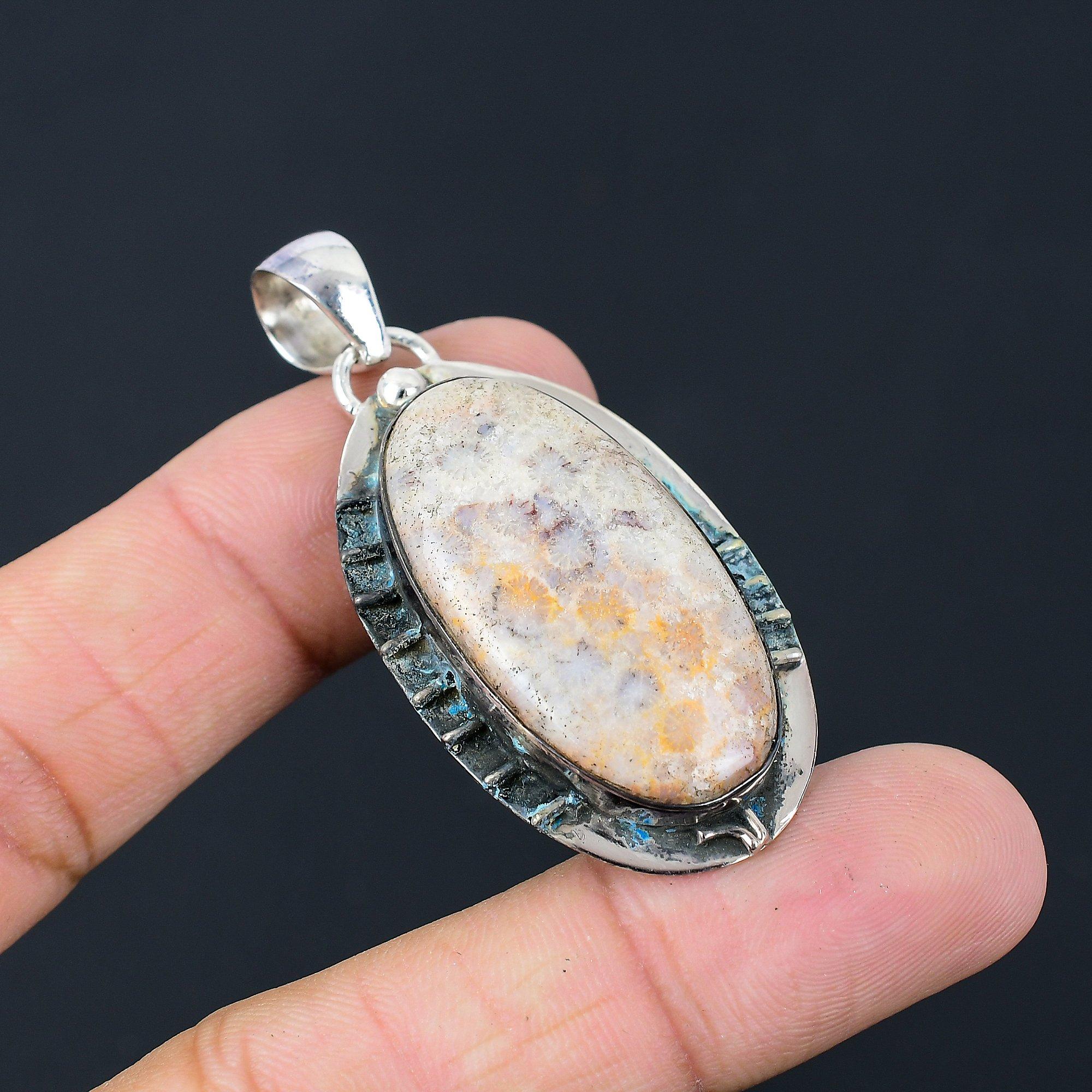 Oval Fossil Coral Gemstone Engagement Root Chakra Pendant 925 Sterling Silver
