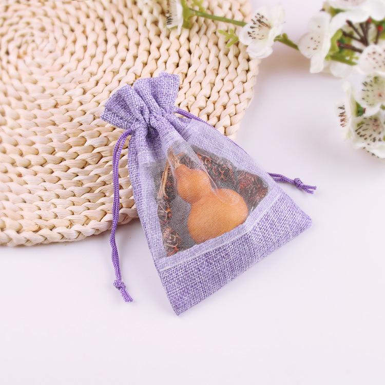 10pcs Window Linen Bundle Pocket Mesh Splicing Bag Cosmetic Organizer Storage Bag Jewelry Drawstring Storage Bag
