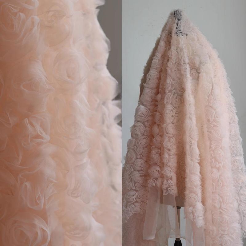 3D Rose Flower Lace Fabric for Wedding Dress and Gown Designer Fabric DIY Home Textile Cushion Background Decor Cloth