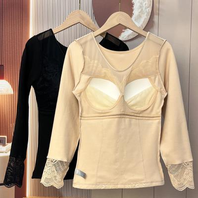 De Velvet Damen Fleecegefüttertes Spitzenunterwäsche-Oberteil - Verdickte, wärmeerzeugende Langarm-Basisschicht für Herbst/Winter