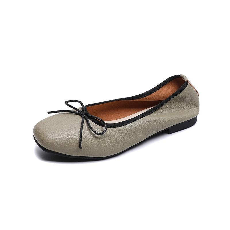 Square head single shoes female flat bow shallow mouth soybean shoes small fragrant wind soft bottom ballet shoes Devotion