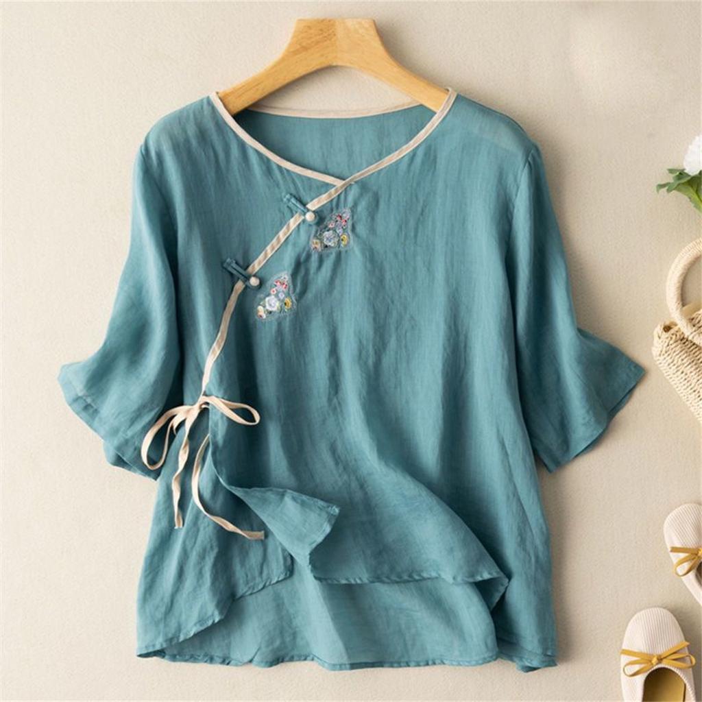 Damen Bluse im Vintage-Stil, lockere Passform, bestickt, Knopfleiste vorne, Baumwoll-Leinen-Mischung, Dreiviertelärmel
