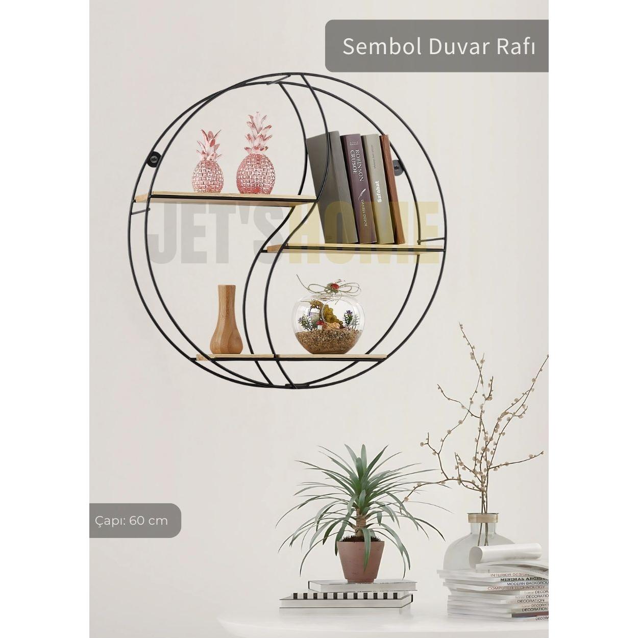 

Modern Duvar Rafı Ahşap Raflı Dekoratif Metal Raf Süs Rafı Sembol Model Çapı 60 Cm
