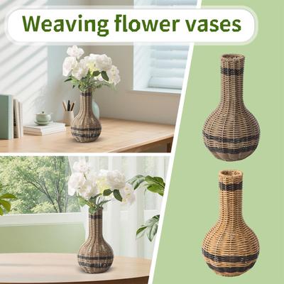 Vaso de Flores Trançado de Rattan Sintético, Ornamento de Vaso para Decoração de Casa