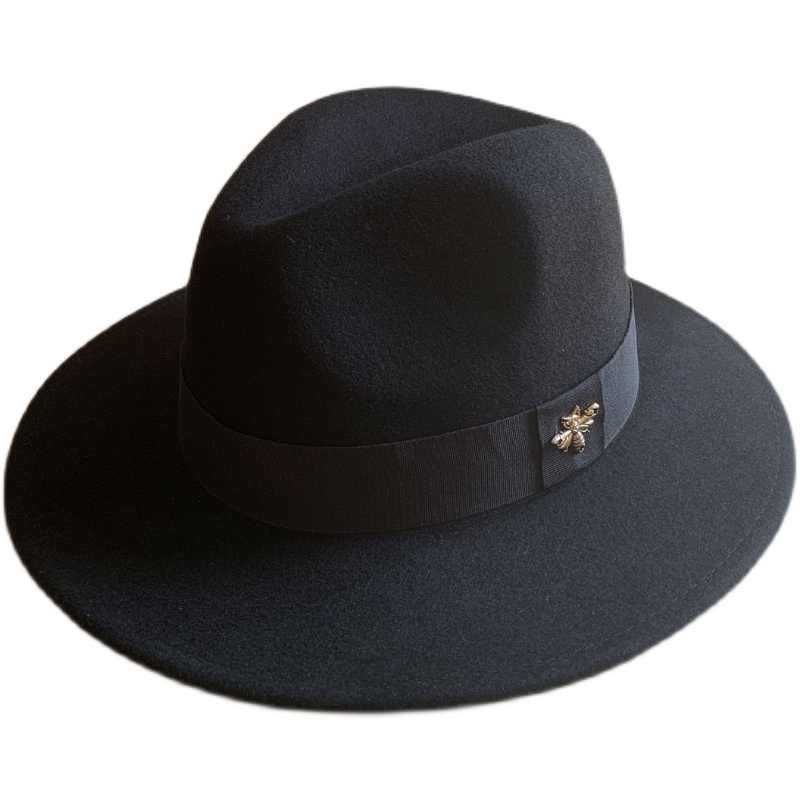 New French Wool Topper Hat with Big Brim Showing Face for Women's Little Bee British Style Versatile Jazz Hat