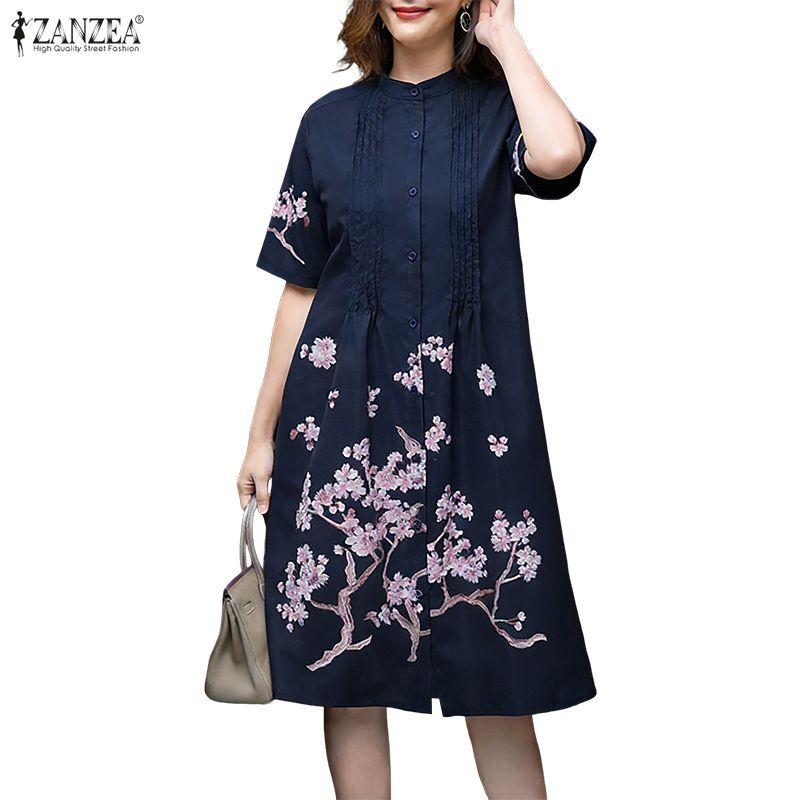 ZANZEA Women Casual Round Neck Half Sleeve Loose Floral Print Dress