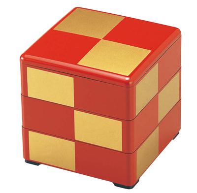 Wakaizumi Jubako Zinnoberrot mit Karomuster 3 Lackarbeiten, 6-Zoll-Box, (Schwarzes Interieur), Tiers, H-152-9A