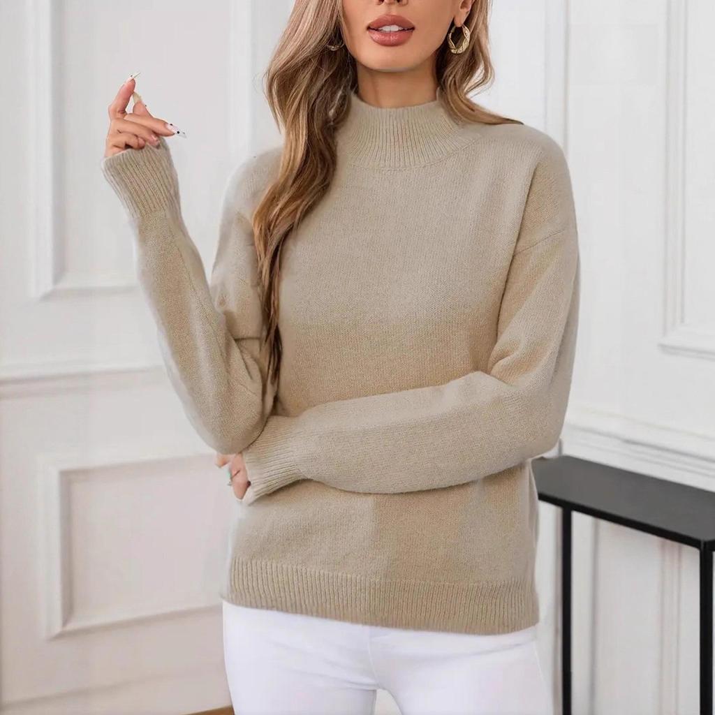 Women's Solid Color Loose Knit Pullover with Half-High Neck and Long Sleeves - Autumn/Winter Fashion Sweater.