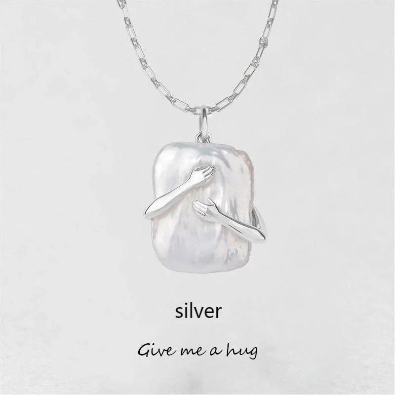 Creative Geometric Square Hands Tightly Embracing Couple Pendant Fashionable Personalized Women Valentine Day Necklace Jewelry