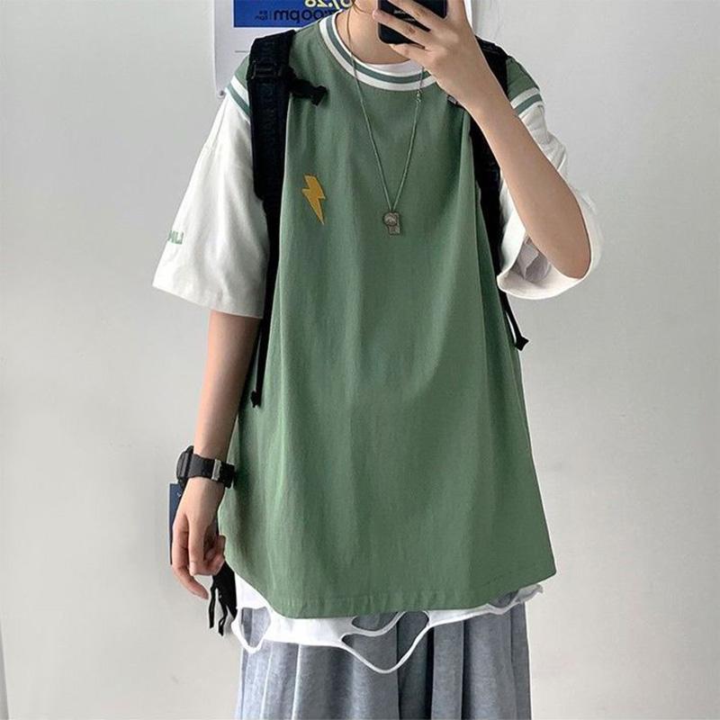 Tops Frauen Baumwolle Sommer Rundhals T-shirt kurzarm Lose Gedruckt Gefälschte Zwei Lose Bequeme Tops