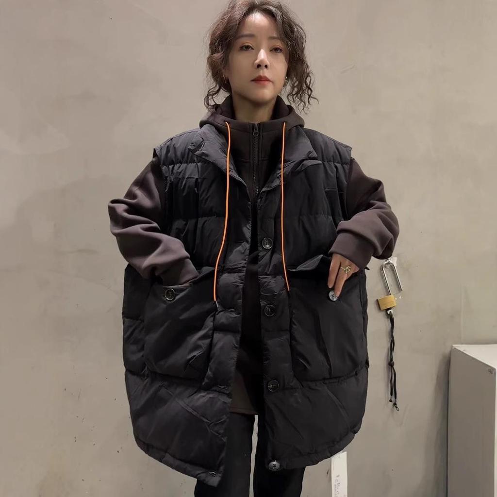 Dámská vesta z prachového peří a bavlny ve stylu korejského stand-up límce, kolekce podzim/zima 2024: Volný, Hřejivý, Ležérní styl