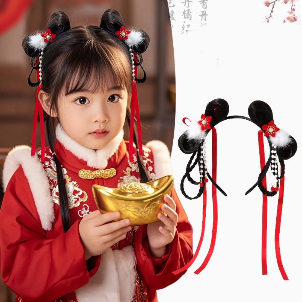Braid Hair Chinese New Year Headwear Tassel Hanfu Hair Sticks Lovely Red Bow Hairband Children