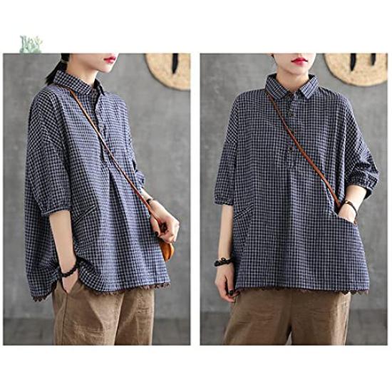 shirt for check pattern loose large summer [JQBFL] Short-sleeved women, blouse, summer, linen, cotton-linen shirt, fit, size, casual, cut-and-sew,