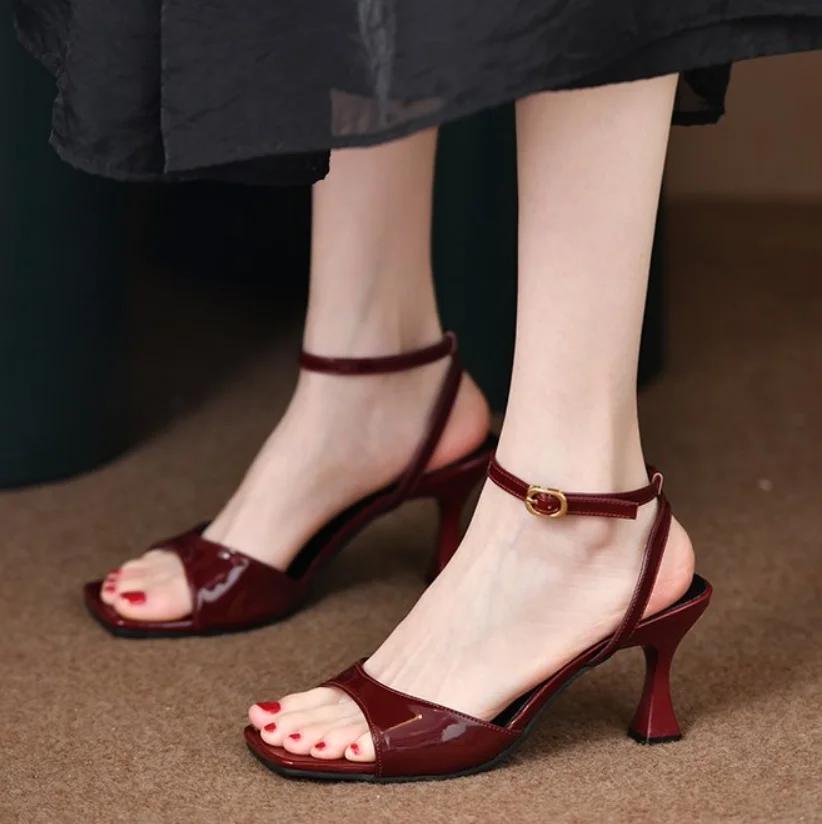 Fashion Patent Leather Ankle Buckle Strap Sandals Women Sexy Square Open Toe High Heels Summer Elegant Party Office Shoes talons femme
