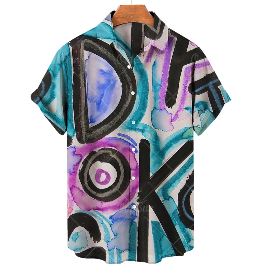 2024 Summer Men s Abstract Painting Print Hawaiian Shirts Beach Holiday Party Short Sleeve S