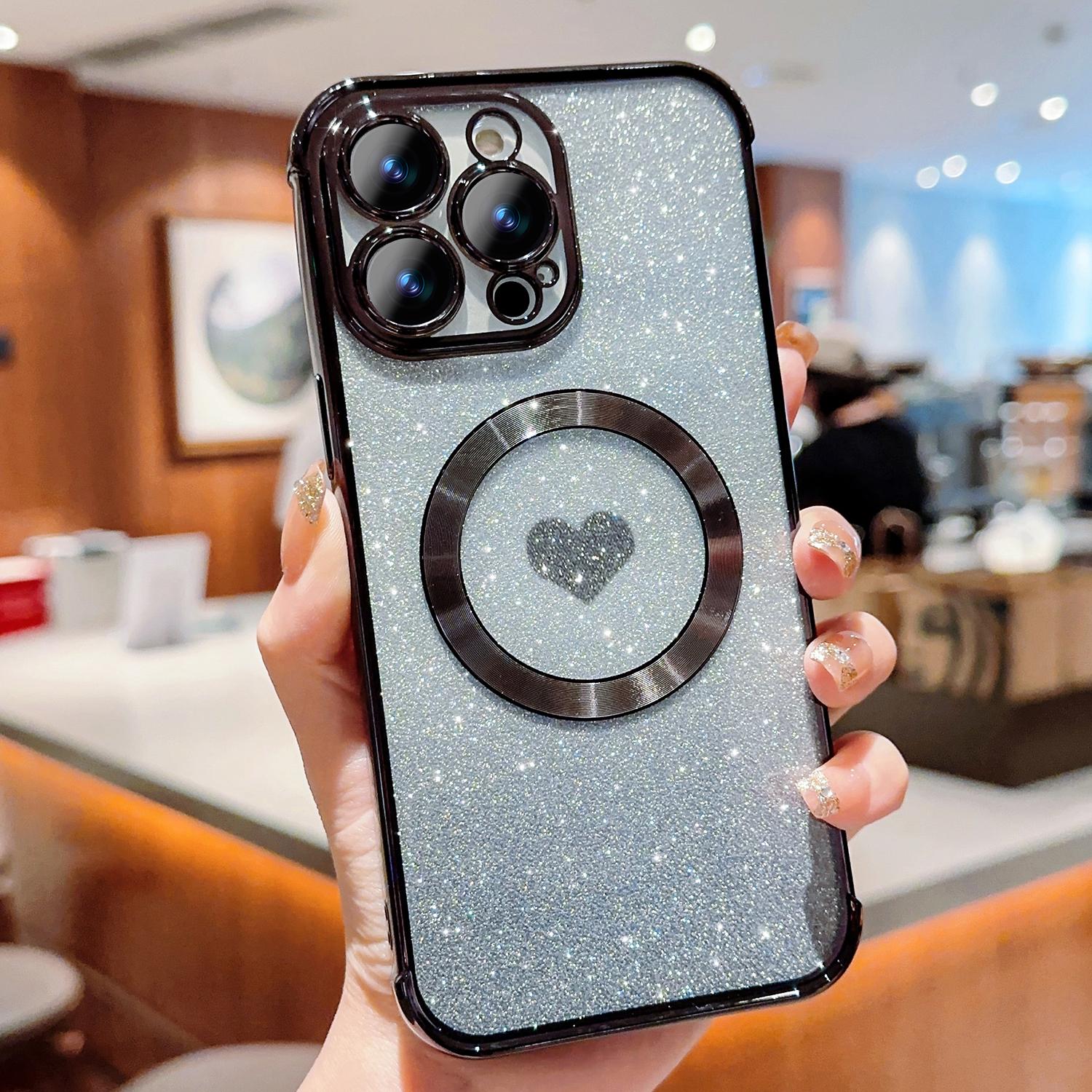 

For iPhone 14 Pro Max Magnetic Case Gradient TPU Phone Cover with Cute Love Heart Pattern Black