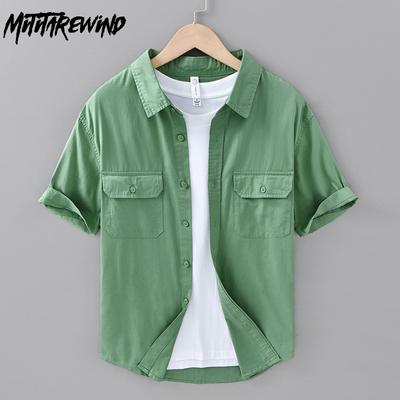 Summer Fashion Short Sleeve Shirt Men Japanese Style Workwear Double Pockets Shirt Pure Cotton Lapel Collar Casual Men Tops