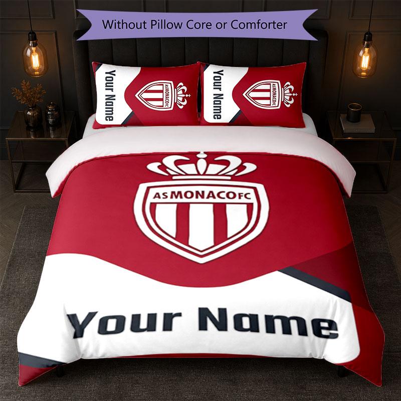 Monaco FC Custom Name Text Bedding Set 1 Duvet Cover+2 Pillowcases Soccer Logo Personalized Gift For Special Occasion Bedroom Decor
