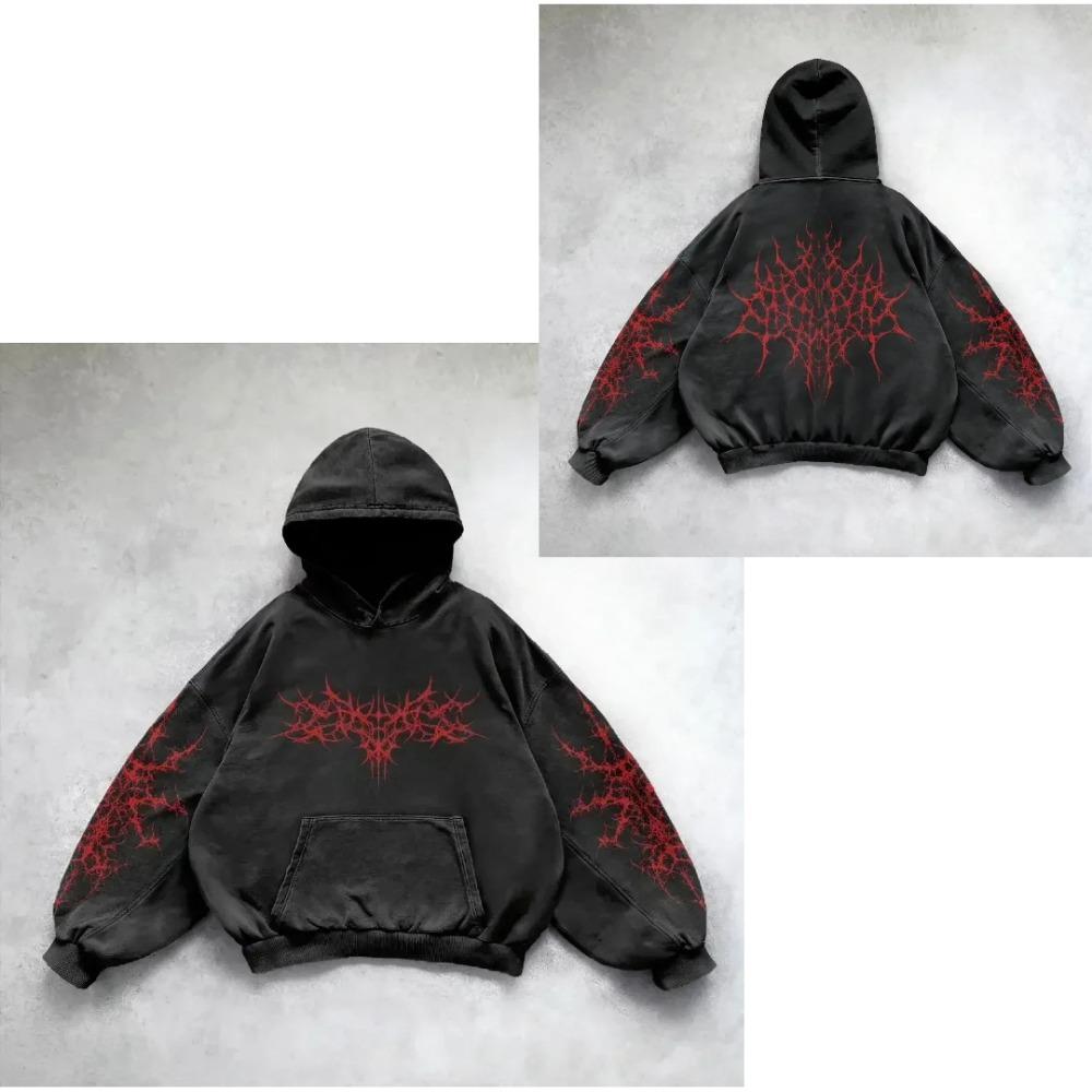 Ретро Готический Графический Принт Хип-Хоп Худи для Мужчин Y2k Панк Повседневный Свободный Пуловер Женский Уличный Свитшот с Капюшоном L